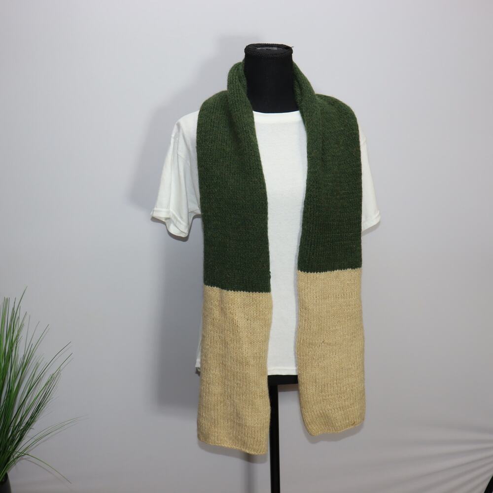 Hand Knit Wool Scarf Green & Tan Colorblock Winter‎ Scarf
